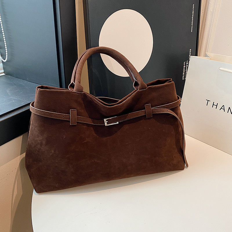 Decorative Design Solid Faux Suede Handbag Large Capacity Casual Tote Bags For Women Tote Design Portable Shoulder Bag - URBAN METRO