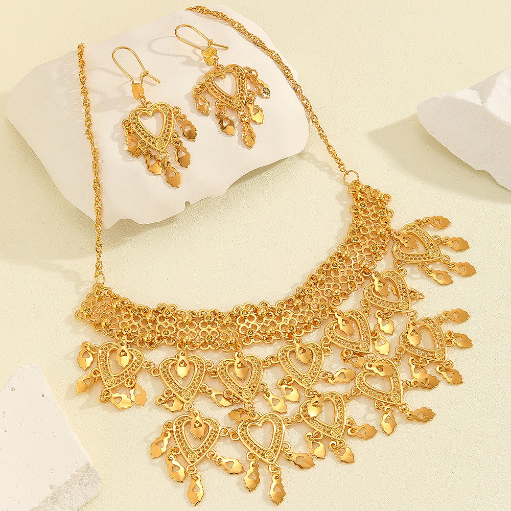 3pcs Fashionable Retro Luxury Heart-shaped Hollow Necklace Earrings Women's Set, Suitable For Party And Dance Gifts, Daily Wear - URBAN METRO