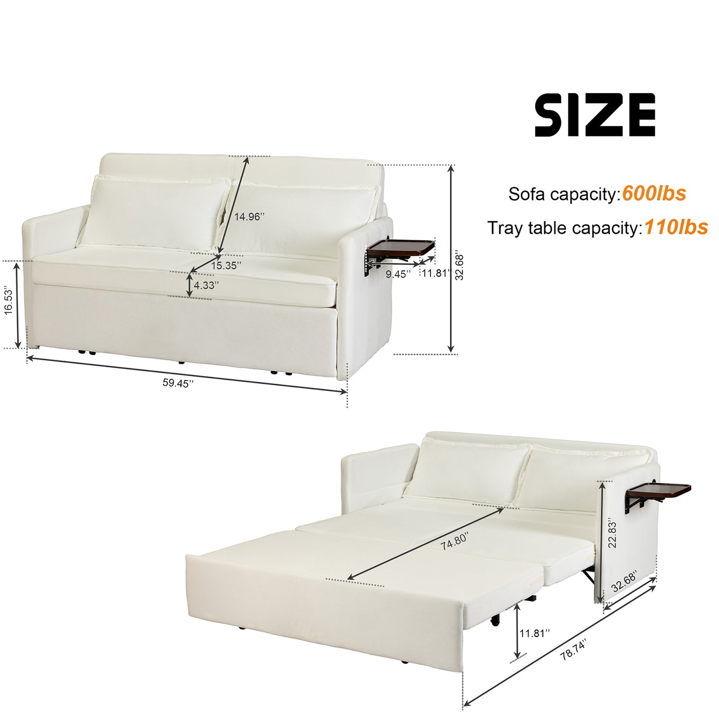 Adult Sleeper Chair Bed, 3-in-1 Convertible Sofa Chair Bed Pull-out Sofa Bed, Convenient Folding Tray Table With USB And Type-C Charging Ports Modern Loveseat For Living Room Cannot Be Sold On Temu - URBAN METRO