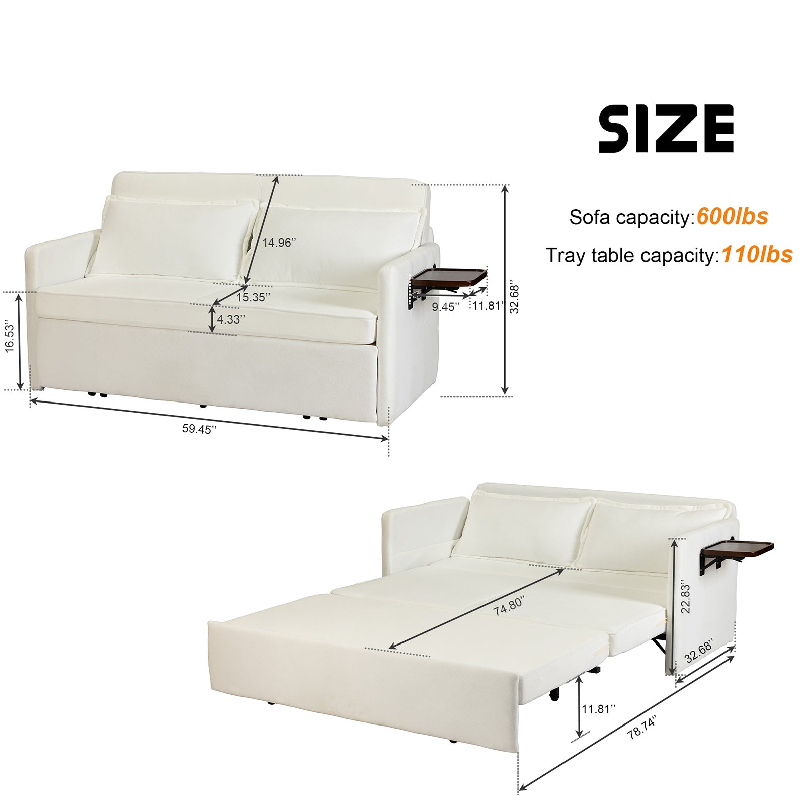Adult Sleeper Chair Bed, 3-in-1 Convertible Sofa Chair Bed Pull-out Sofa Bed, Convenient Folding Tray Table With USB And Type-C Charging Ports Modern Loveseat For Living Room Cannot Be Sold On Temu - URBAN METRO