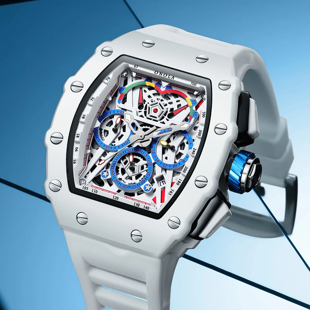 Luxury Watch Men'S ONOLA Fashion Casual Multifunctional Silicone Tape Waterproof Quartz Watch White
