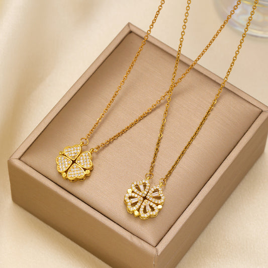 1pcs Fashionable Zircon Heart-shaped Necklace With A Magnetic Folding Four Leaf Heart-shaped Connection, Suitable For Women's Daily Wear And Jewelry Pairing For Dinner Parties - URBAN METRO