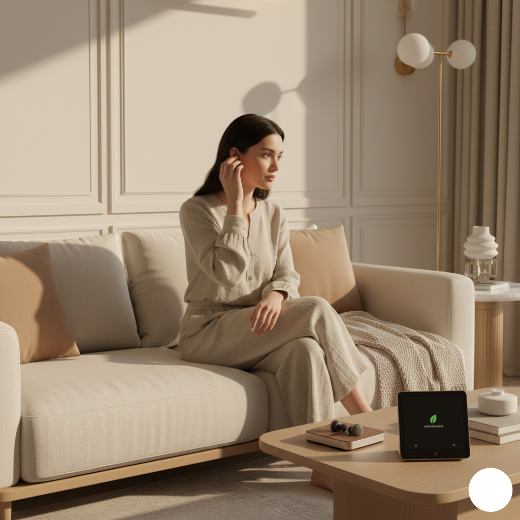 Woman sitting on a beige sofa in a modern living room with a tablet on the coffee table.