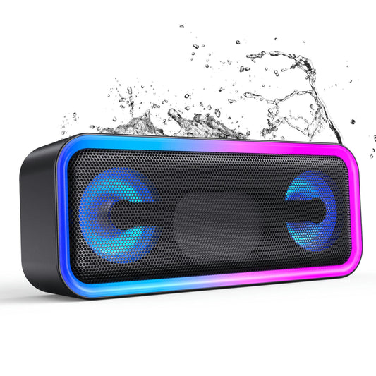 Portable speaker with colorful LED lights on a white background