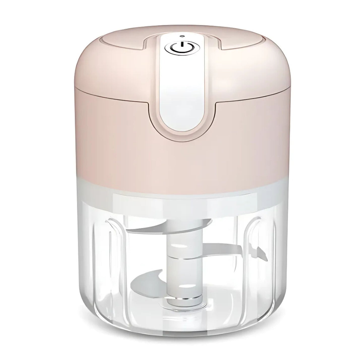 Small handheld food chopper with a clear container and pink top on a white background