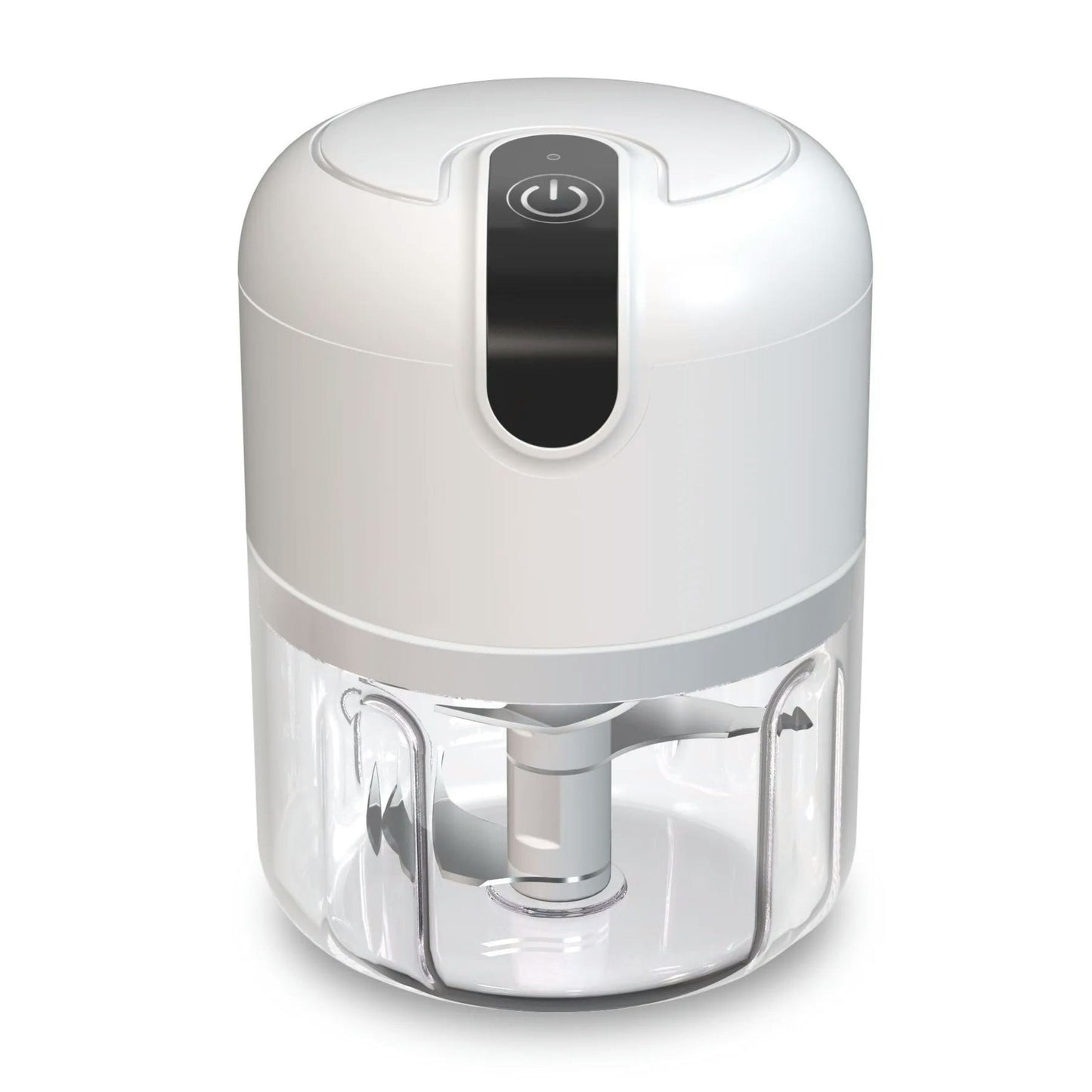 White handheld food chopper with clear container on a white background