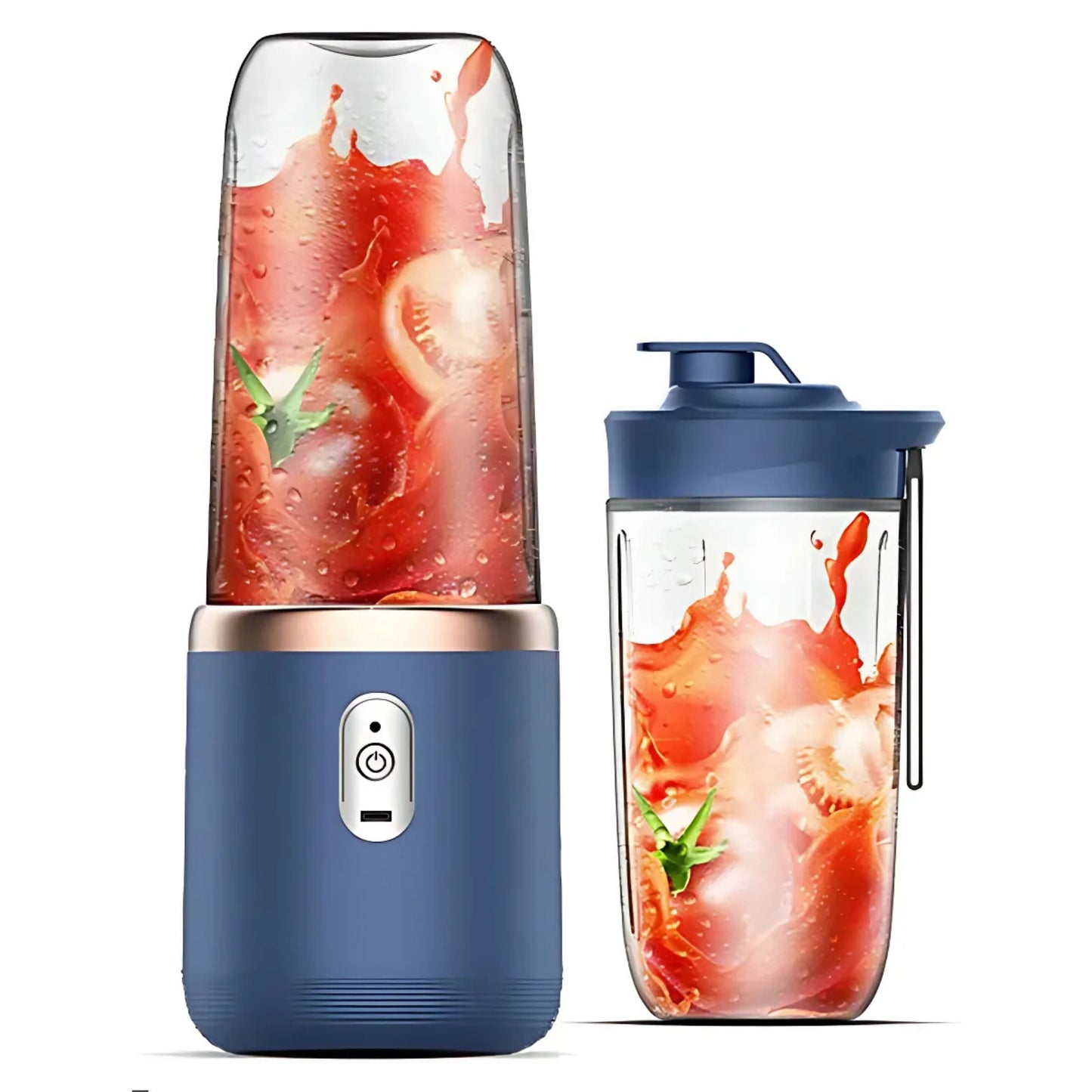 Blue portable blender with a clear container filled with a red smoothie on a white background