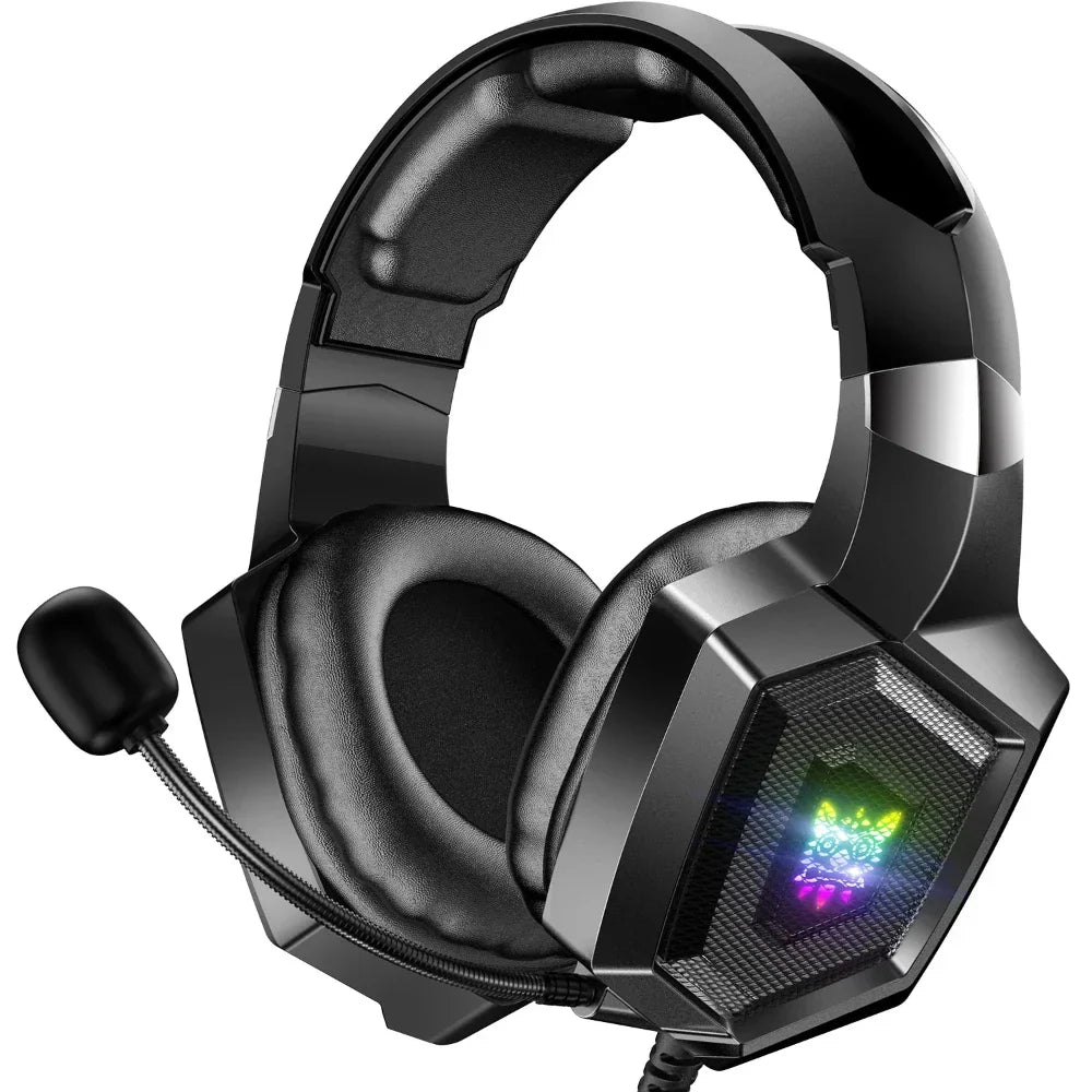 Black gaming headset with RGB lighting on a white background