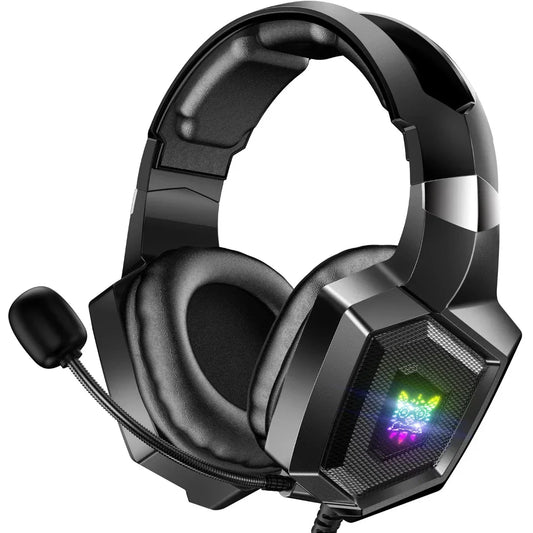 Black gaming headset with RGB lighting on a white background