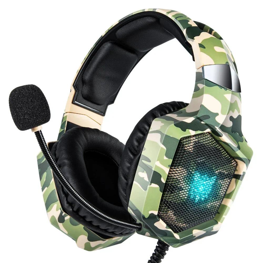 Camouflage gaming headset with microphone on a white background