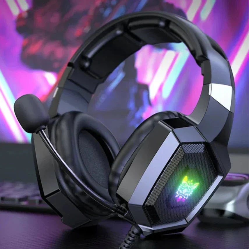 Gaming headset with RGB lighting on a blurred colorful background