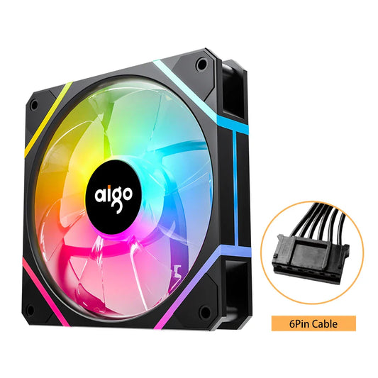 Colorful aigo computer fan with 6Pin cable on a white background