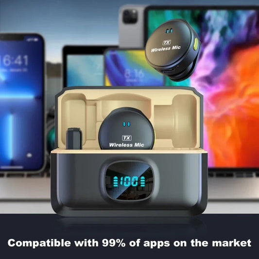 Wireless mic device with charging case on a blurred technology-themed background