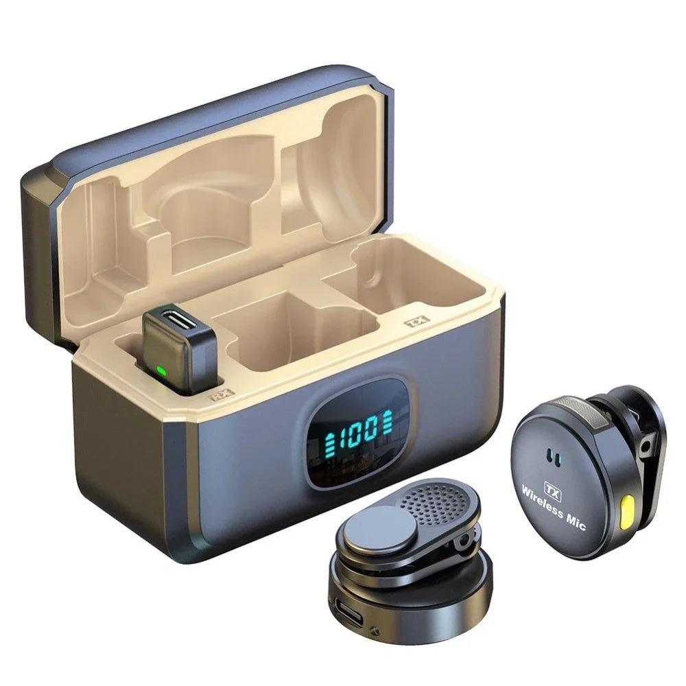 Wireless microphone system with charging case 