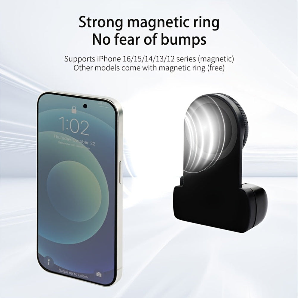 Smartphone with a magnetic ring attachment on a light gray background