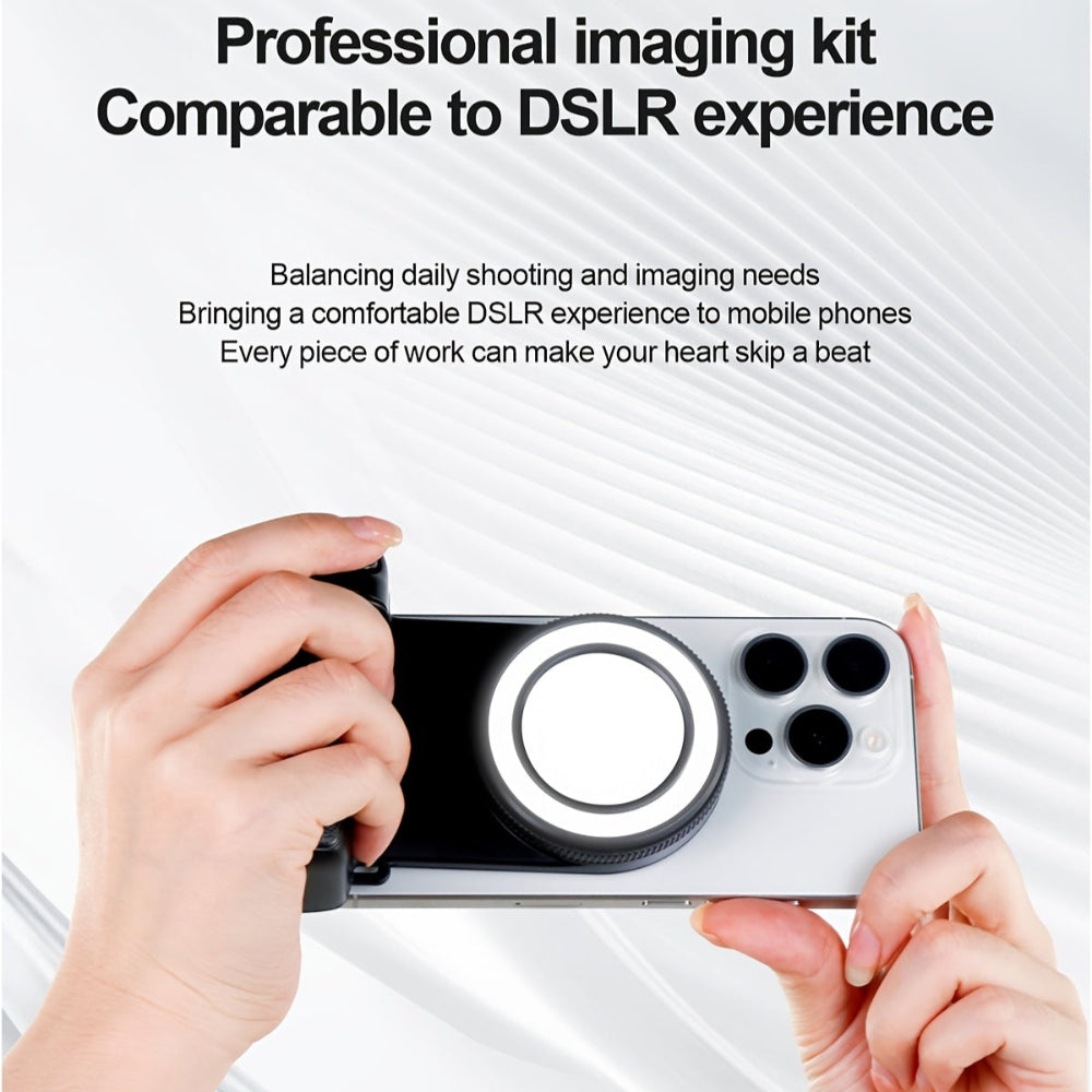 Person holding a smartphone with a camera lens cover, text about professional imaging kit.