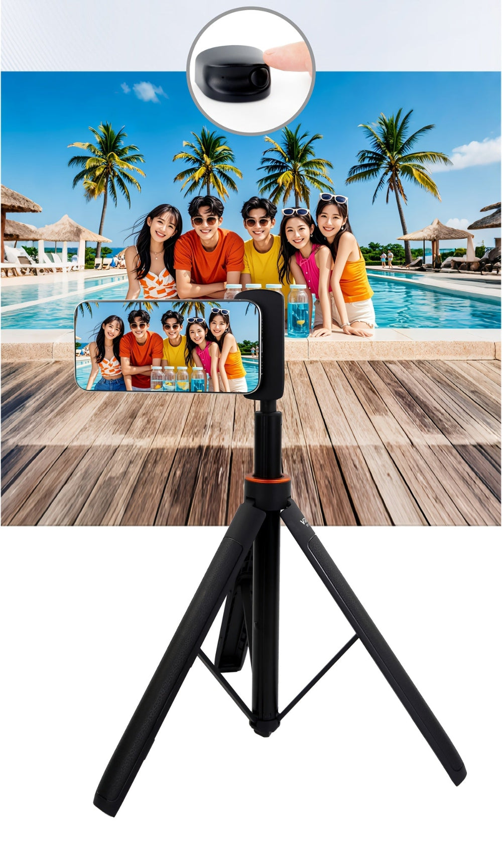 Smartphone with selfie stick displaying a photo of a family by a pool, with a close-up of the camera on the selfie stick.