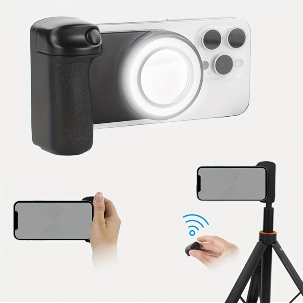 Smartphone with a light attachment and remote control on a white background