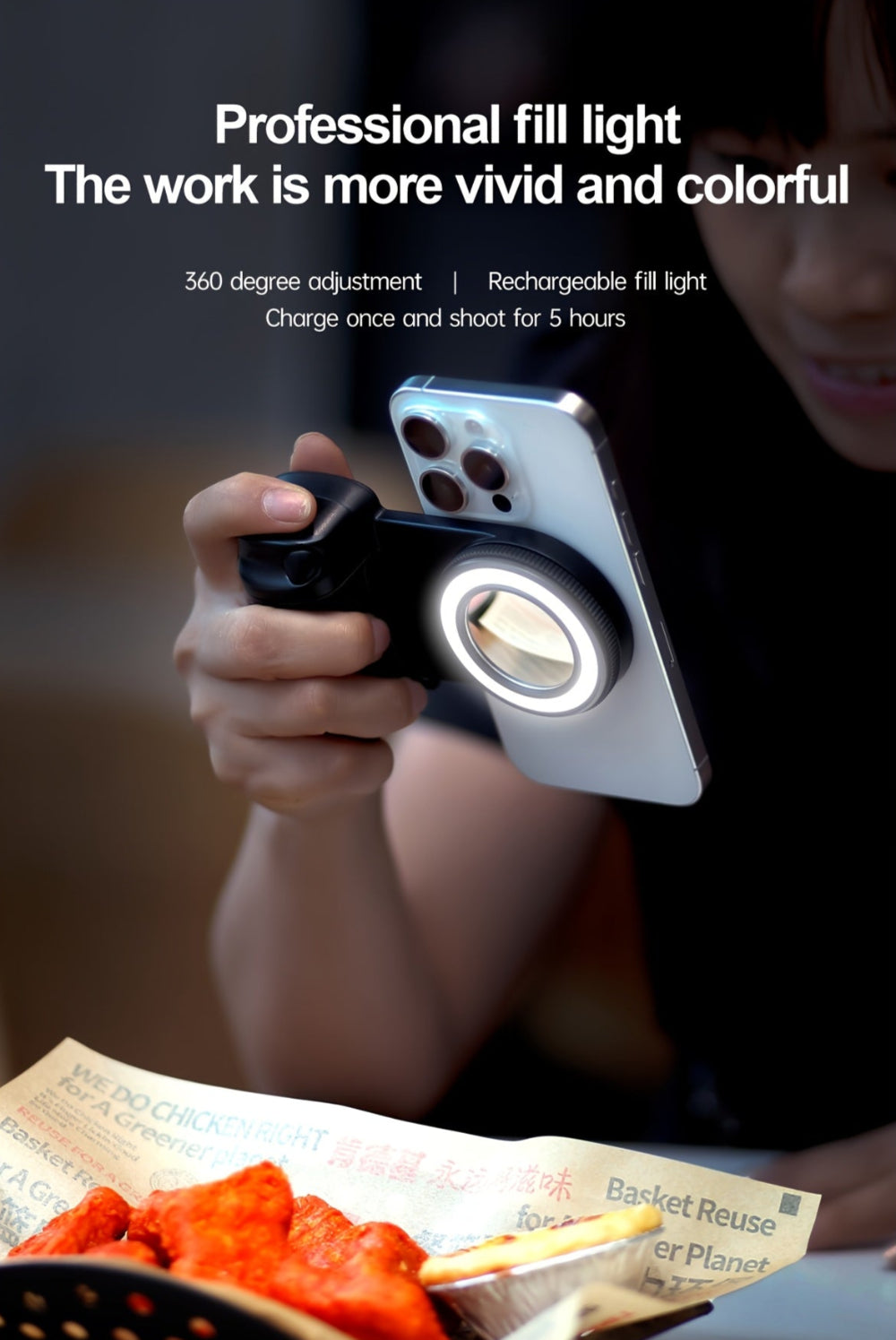 Person holding a smartphone with a professional fill light attachment, with text about the product's features.