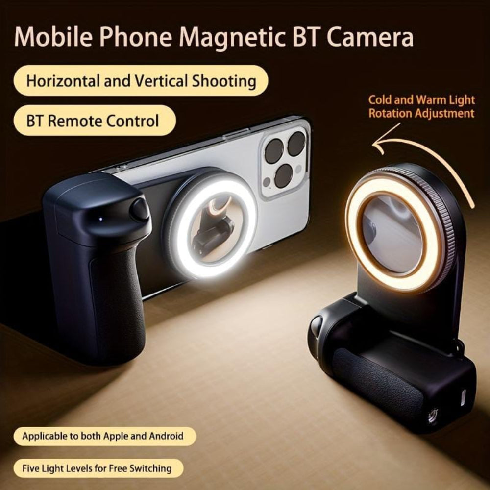 Mobile phone magnetic BT camera with ring light and remote control on a dark background