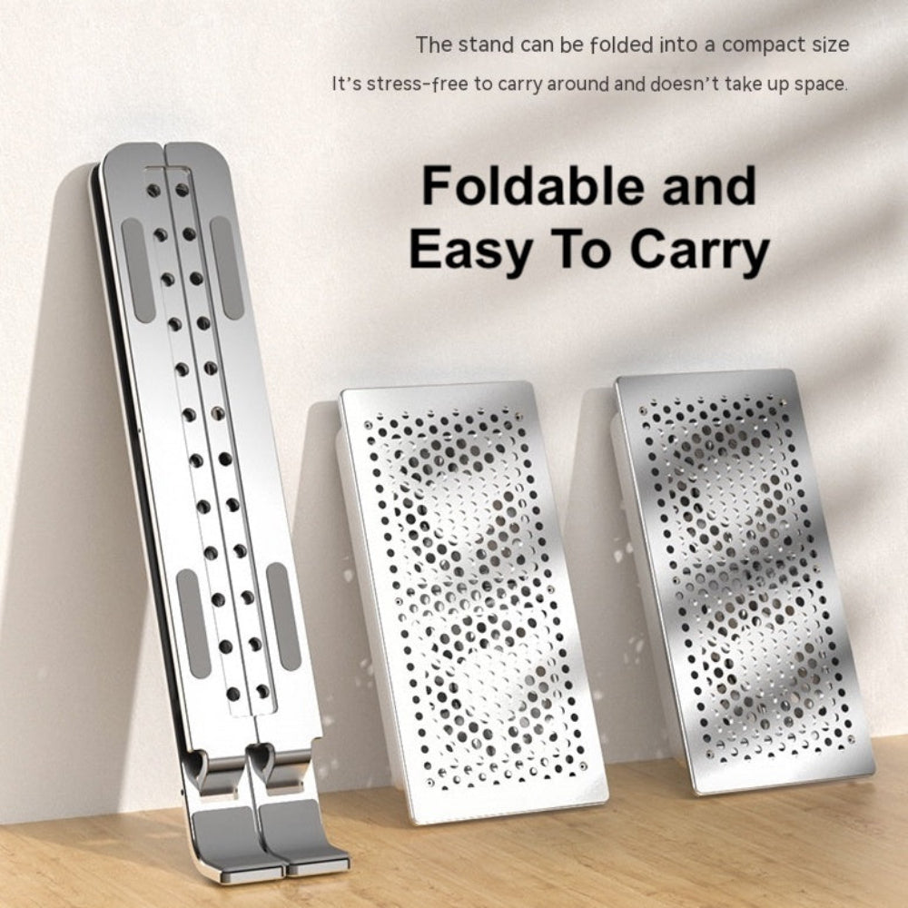 Foldable stand with text highlighting its compact size and ease of carrying.
