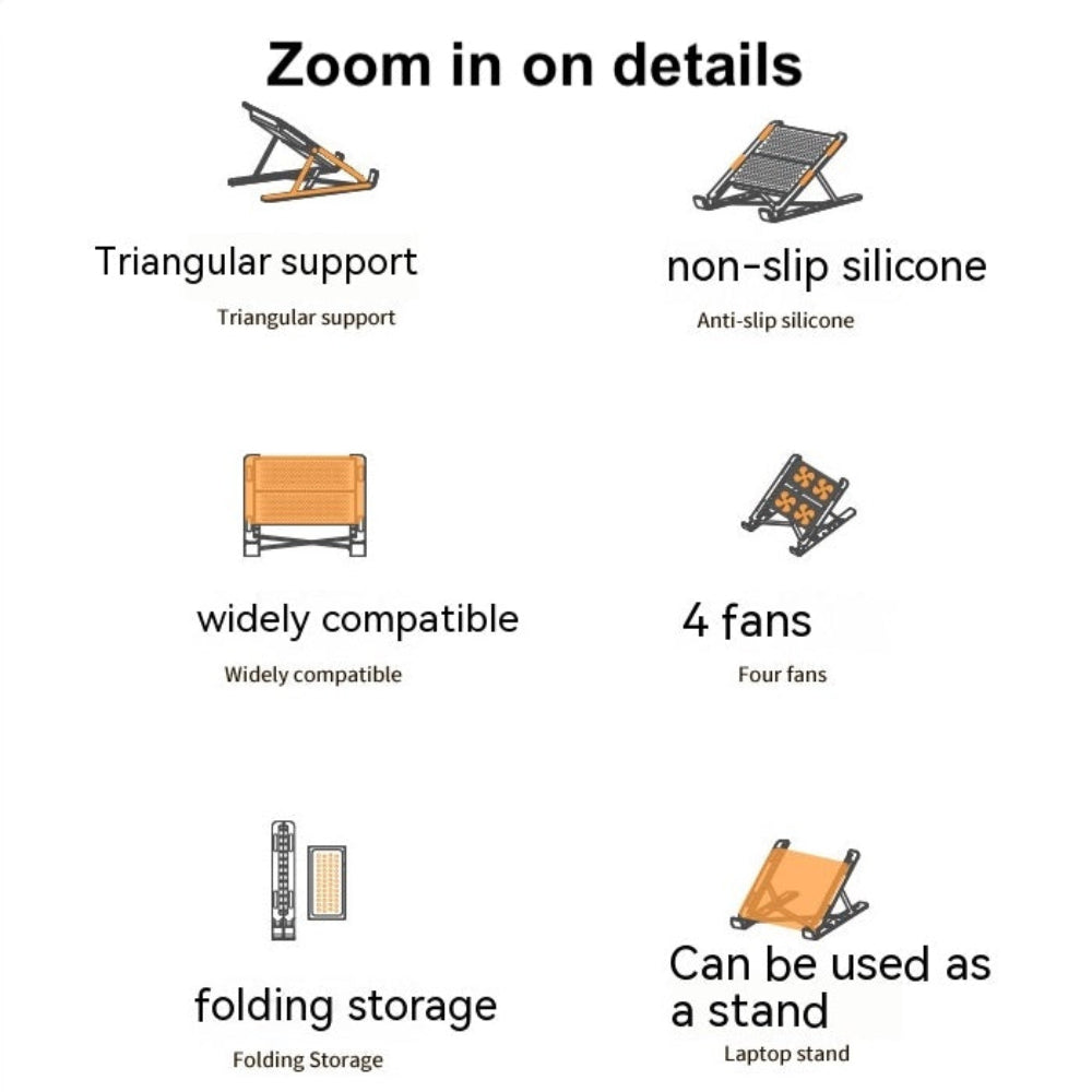 Diagram of a product with features including triangular support, non-slip silicone, wide compatibility, four fans, folding storage, and laptop stand.