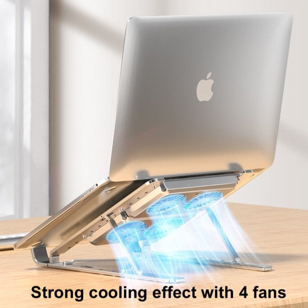 Laptop on a cooling stand with a strong cooling effect, featuring the Apple logo.