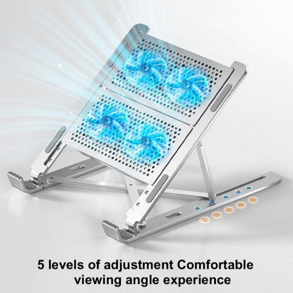 Foldable laptop stand with cooling fans on a white background