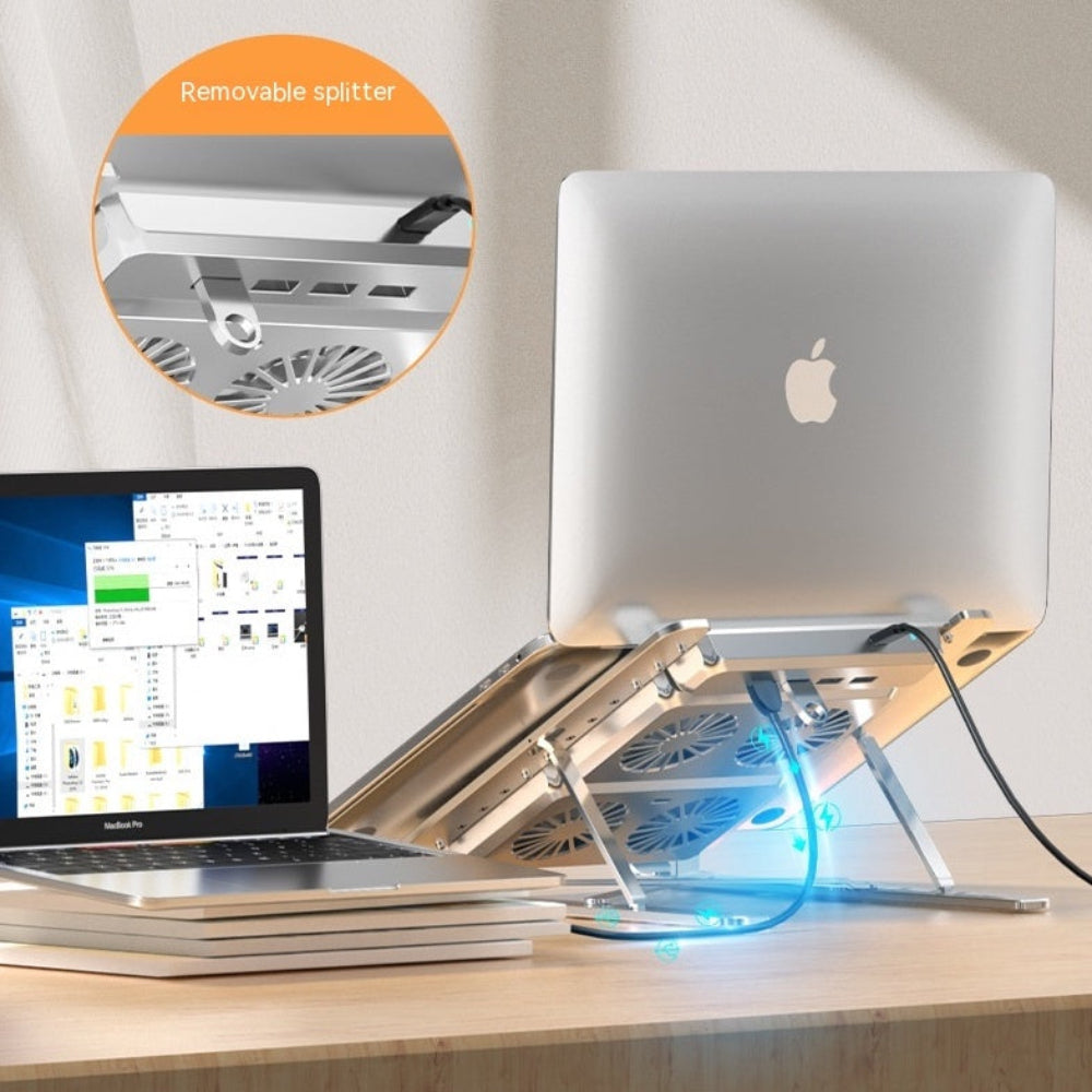 Laptop cooling stand with fans on a desk, showing a close-up of a removable splitter.