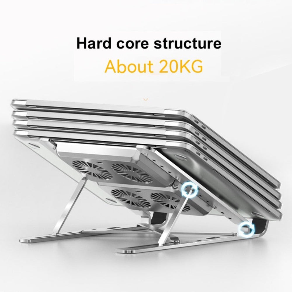 Metallic laptop stand with cooling fans on a white background, labeled 'Hard core structure About 20KG'.