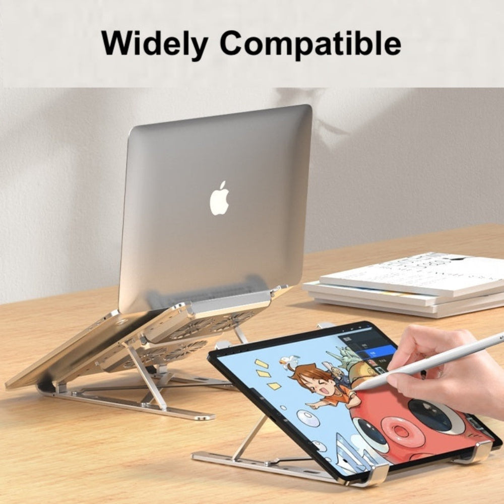 Laptop and tablet stands on a desk with 'Widely Compatible' text above.
