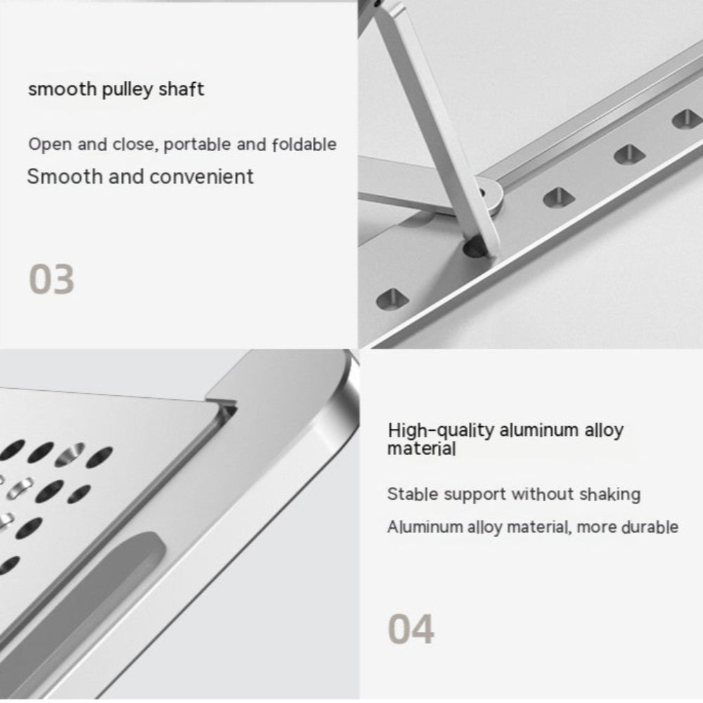 Metallic object with text describing features like smooth pulley shaft, open and close functionality, high-quality aluminum alloy material, and stable support.