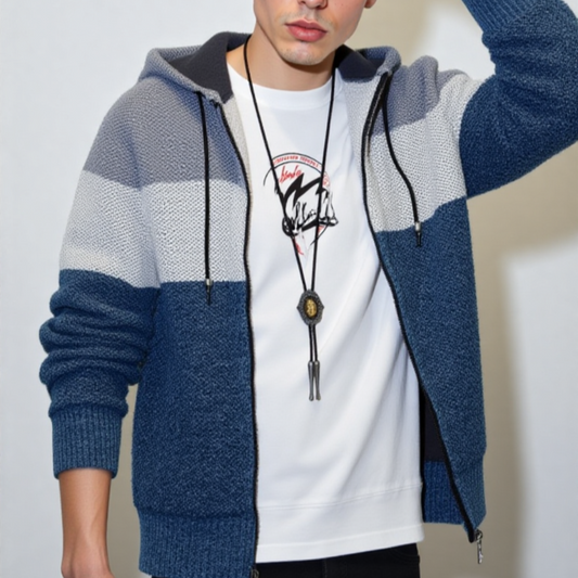 Men’s Casual Striped Zip-Up Hoodie – Stylish Gray & Blue Knit Jacket with Hood - URBAN METRO