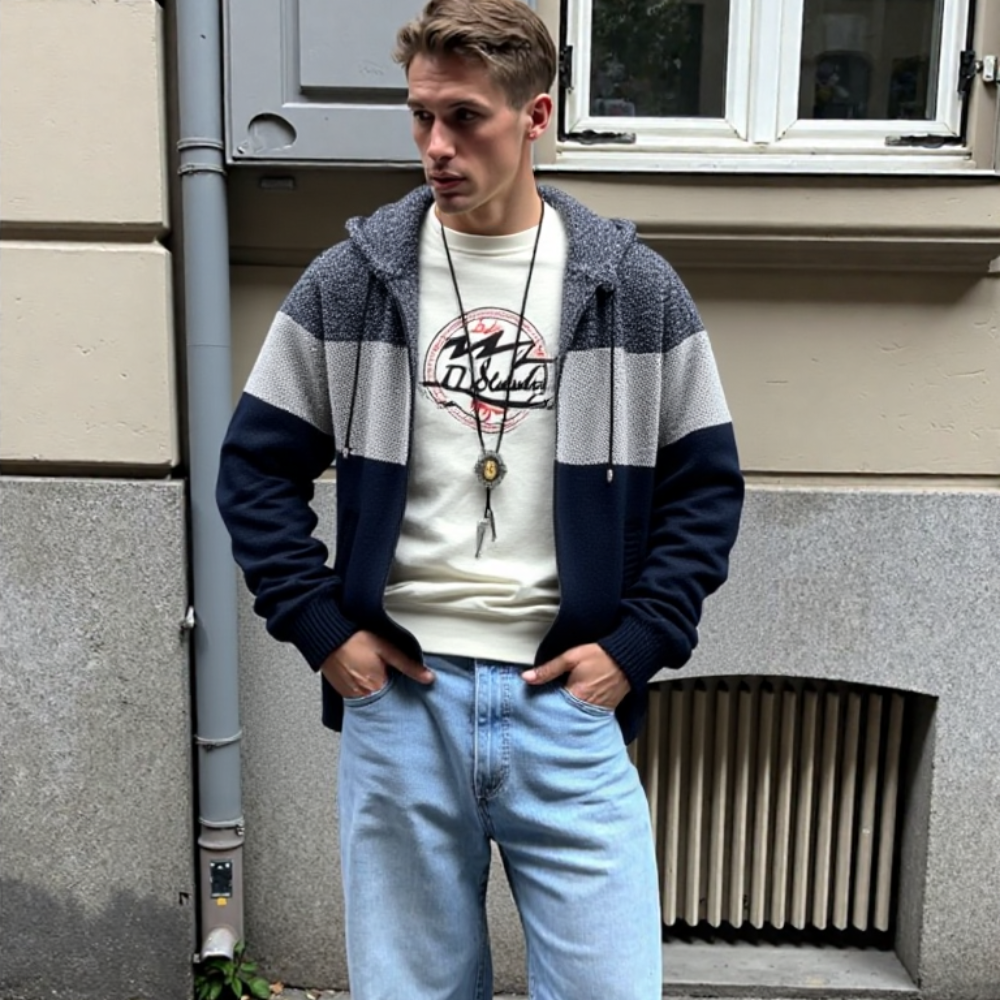 Men’s Casual Striped Zip-Up Hoodie – Stylish Gray & Blue Knit Jacket with Hood - URBAN METRO