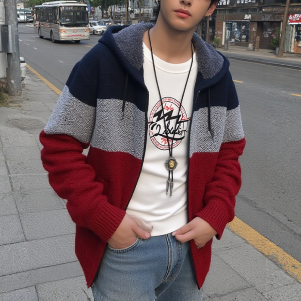 Men’s Casual Striped Zip-Up Hoodie – Stylish Gray & Blue Knit Jacket with Hood - URBAN METRO