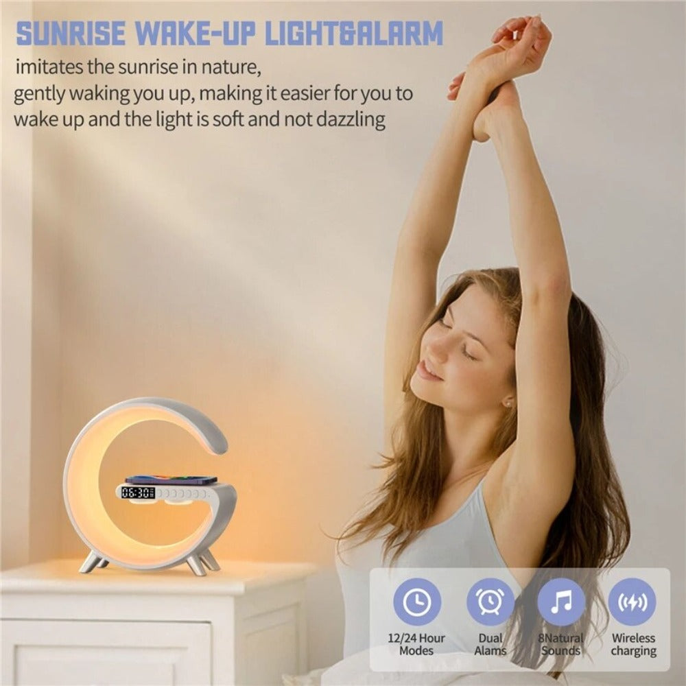 Sunrise wake-up light alarm clock with product features displayed.
