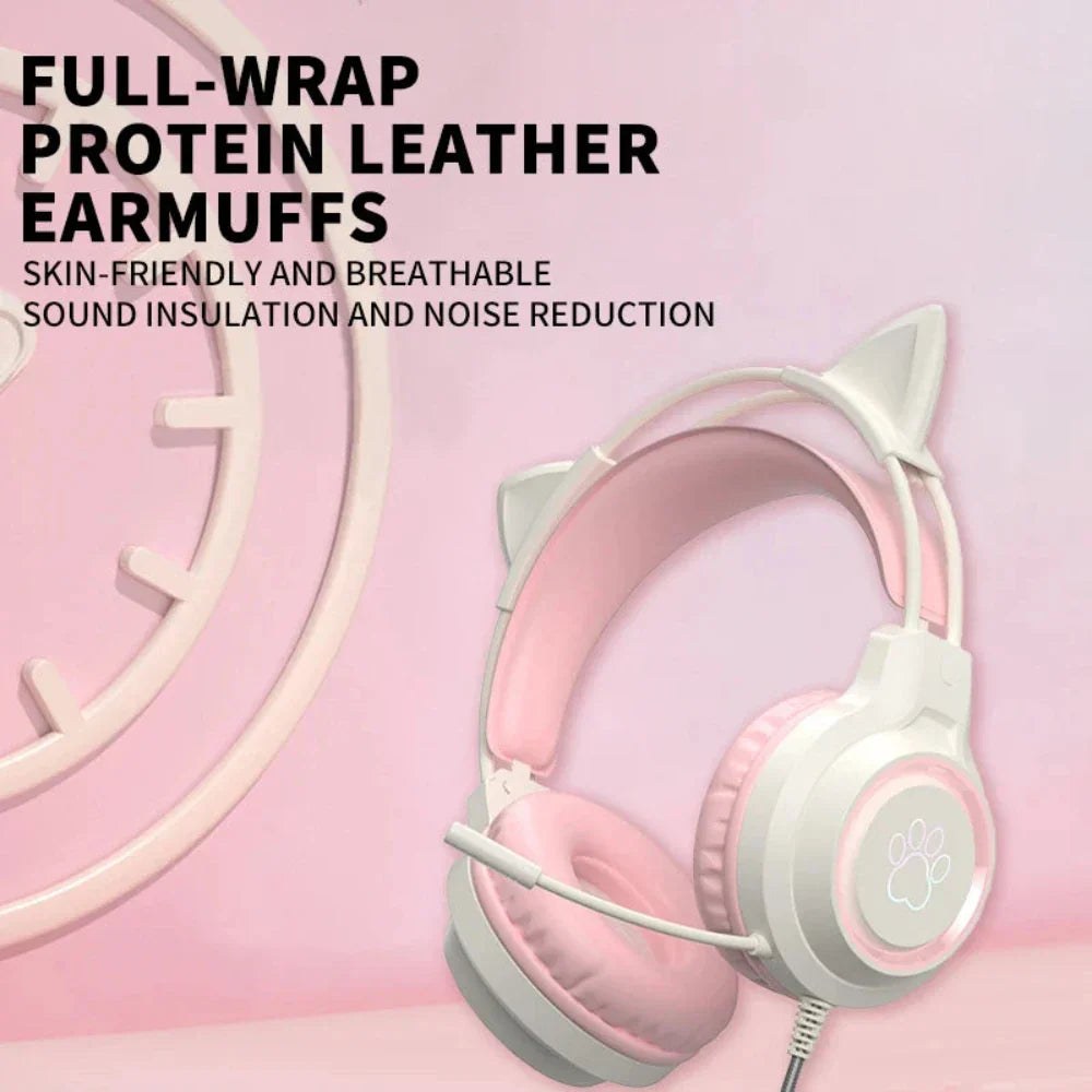 Pink and white earmuffs with cat ear design on a pink background, featuring text about full-wrap protein leather and skin-friendly properties.