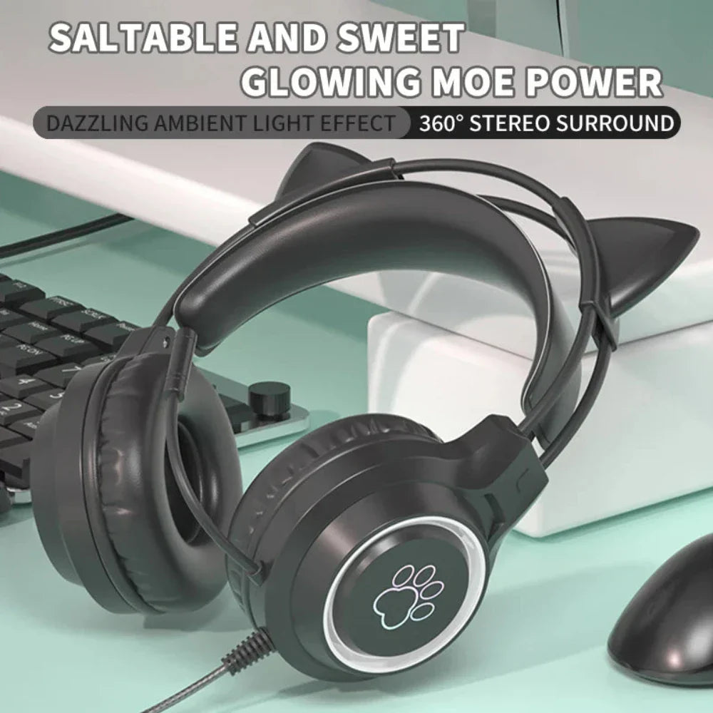 Animated Theme Wired LED Cat Ears Headphones – Gaming & Music Headset - URBAN METRO
