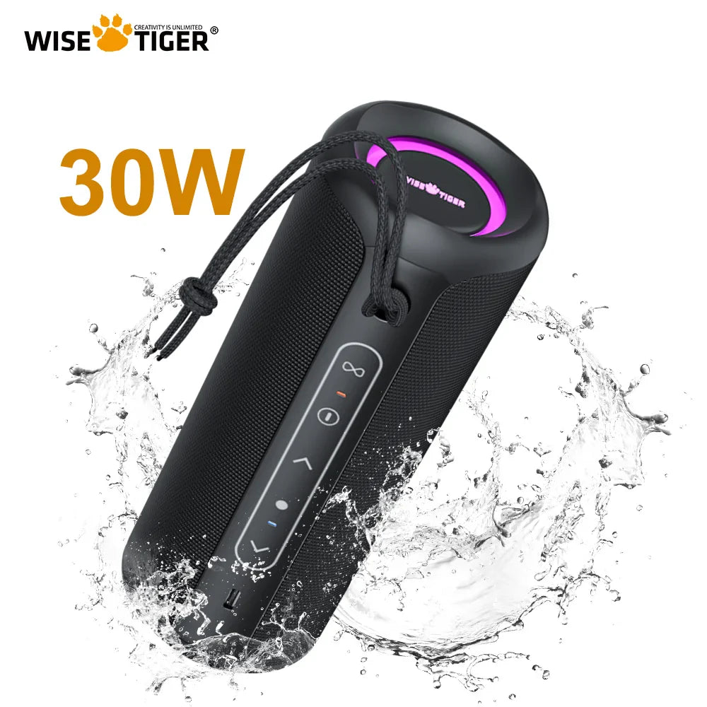 Black portable speaker with Wise Tiger branding and water splash effects, featuring 30W text.