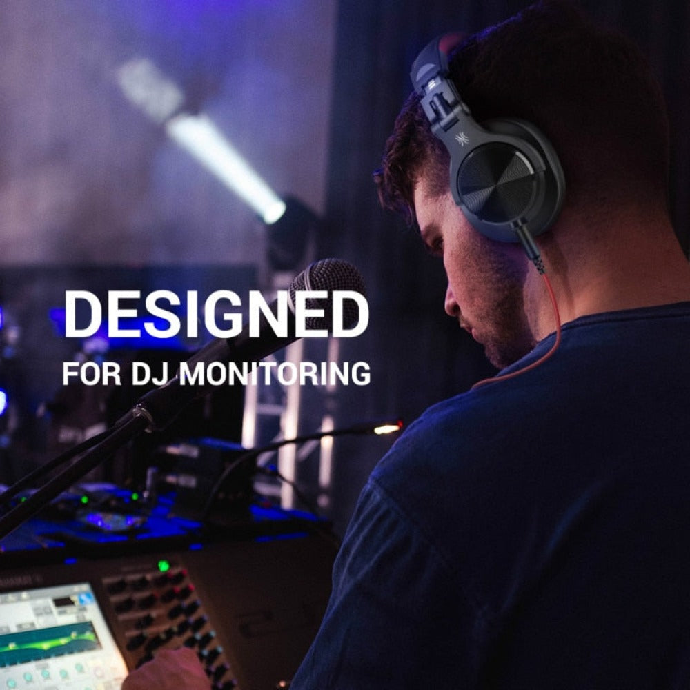 Person wearing headphones in a DJ setting with text 'Designed for DJ Monitoring'.