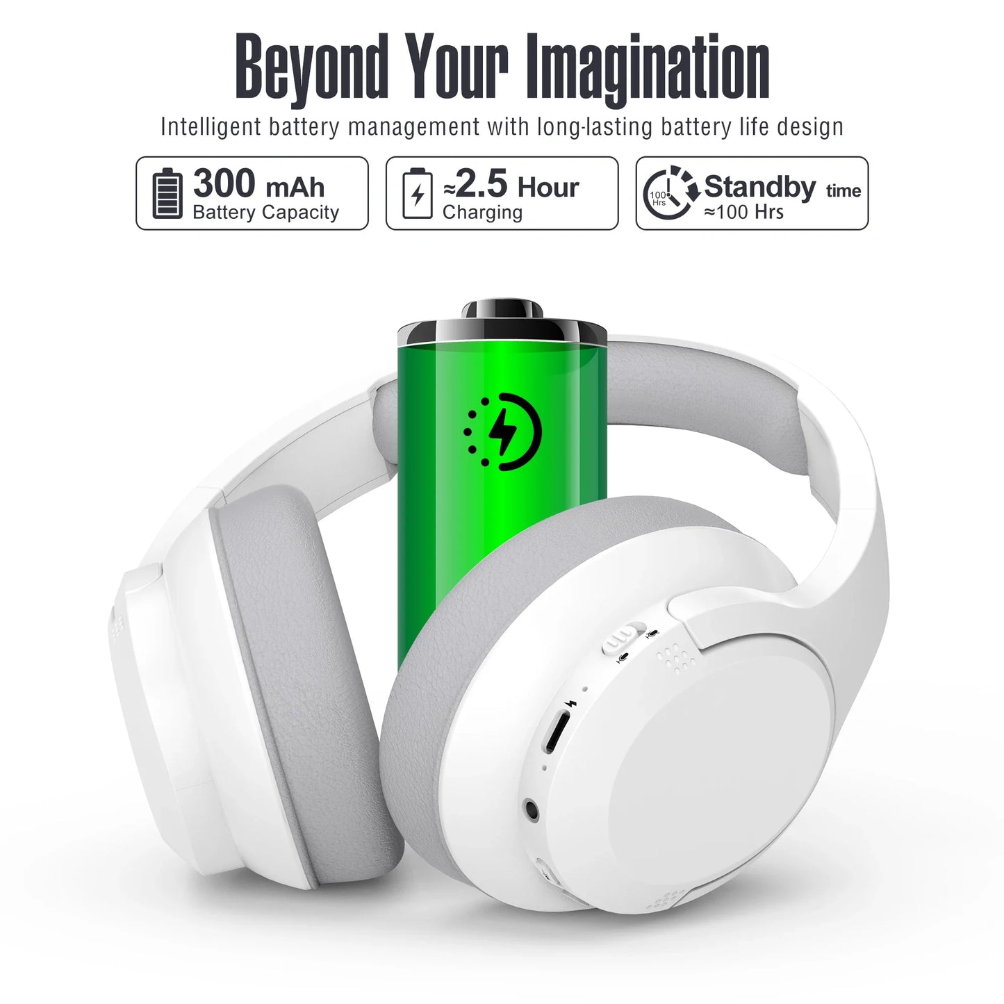 White headphones with a green battery indicator on a white background, featuring text about battery management.