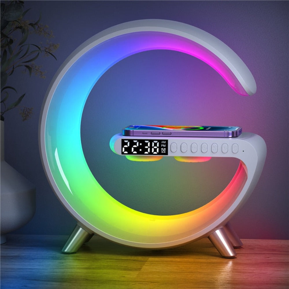 Colorful crescent moon-shaped lamp with digital clock.