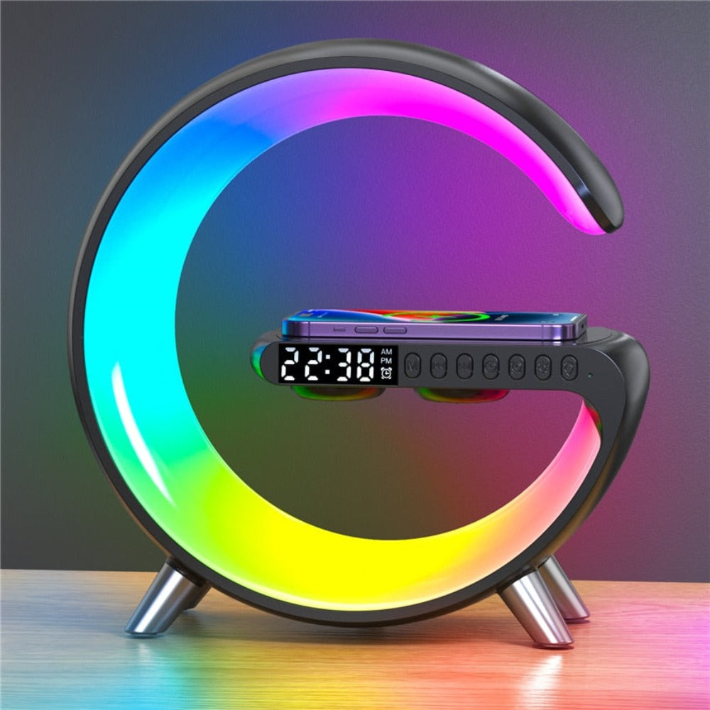 Colorful crescent moon-shaped night light with digital clock.