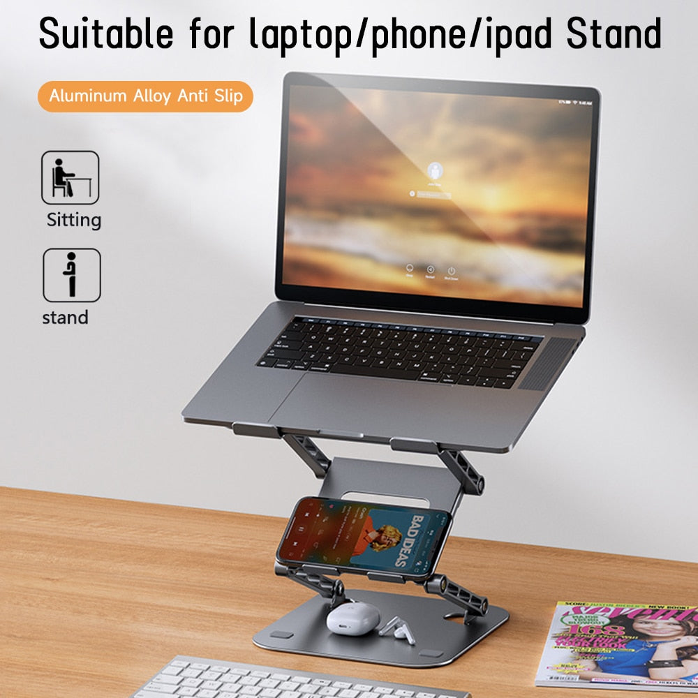 Laptop stand with adjustable height on a wooden desk, suitable for laptop, phone, and iPad.
