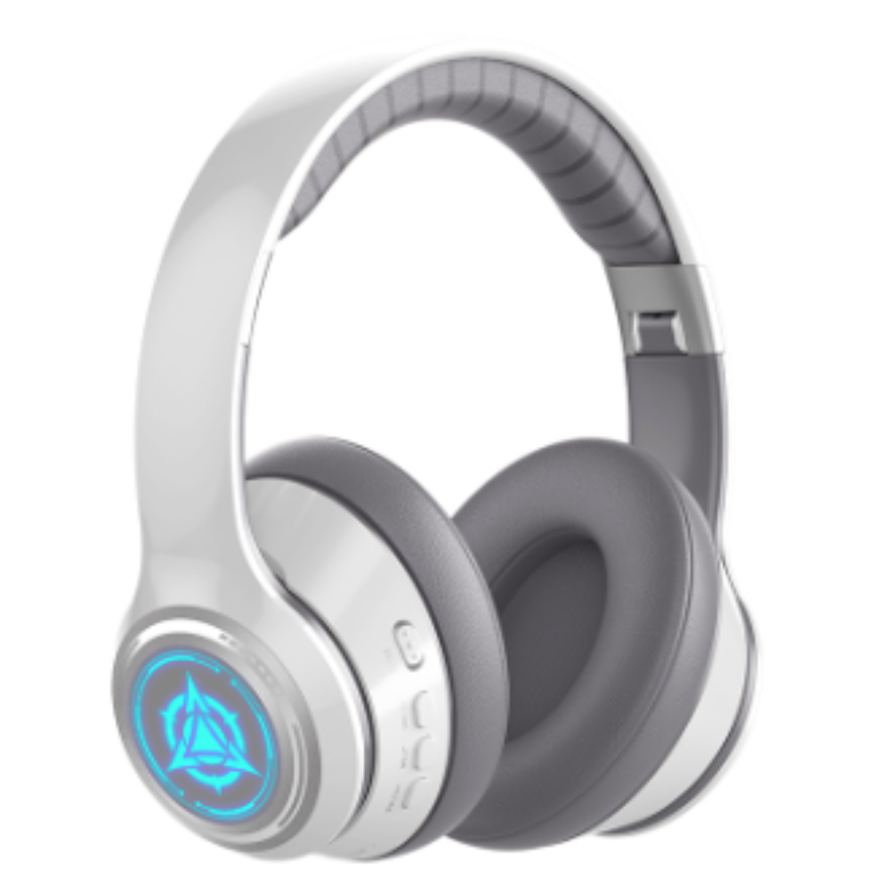 Gray headphones with a blue light on a white background