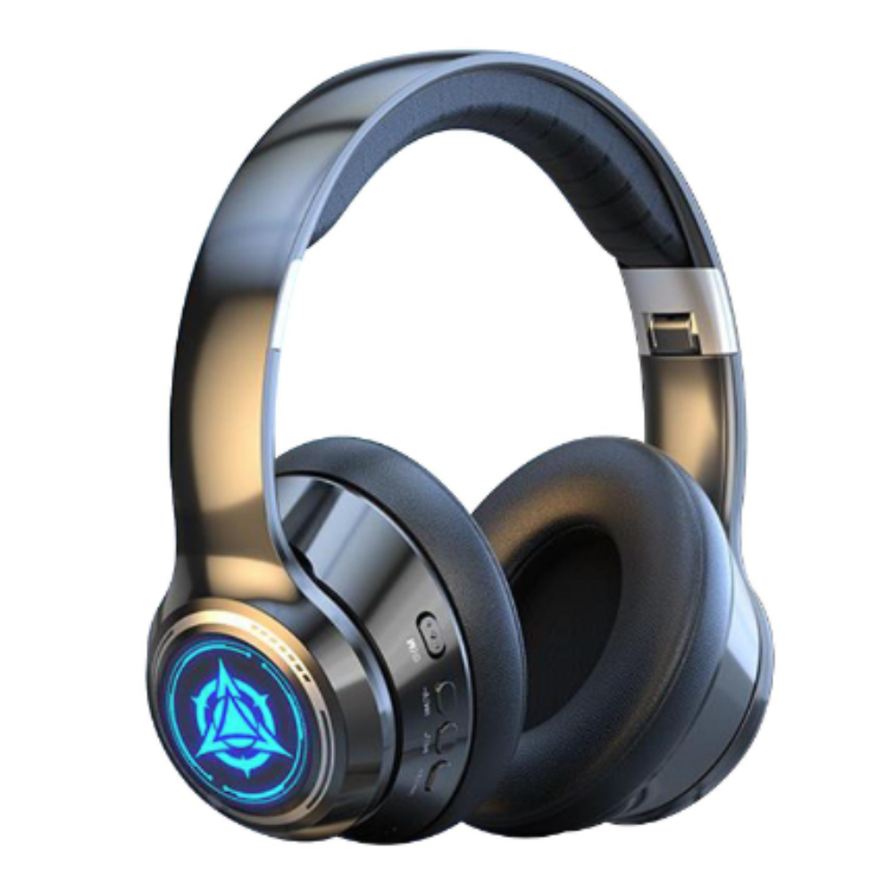 Modern over-ear headphones with a blue light on the control panel against a white background