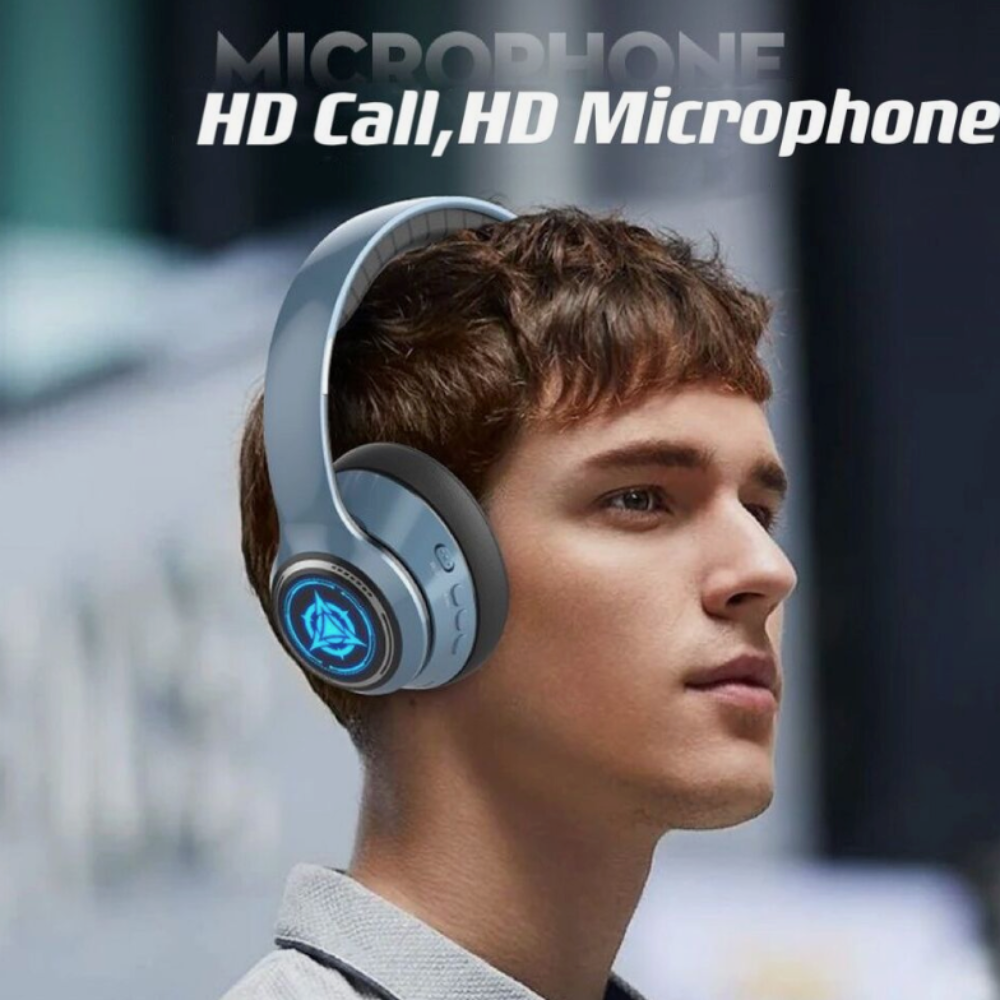 Person wearing a headset with 'HD Call, HD Microphone' text on a blurred background
