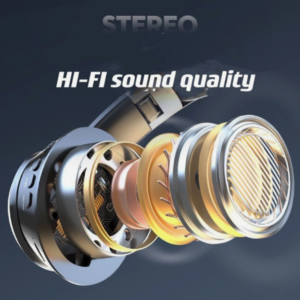 Close-up of audio components with 'STEREO' and 'HI-FI sound quality' text on a dark background