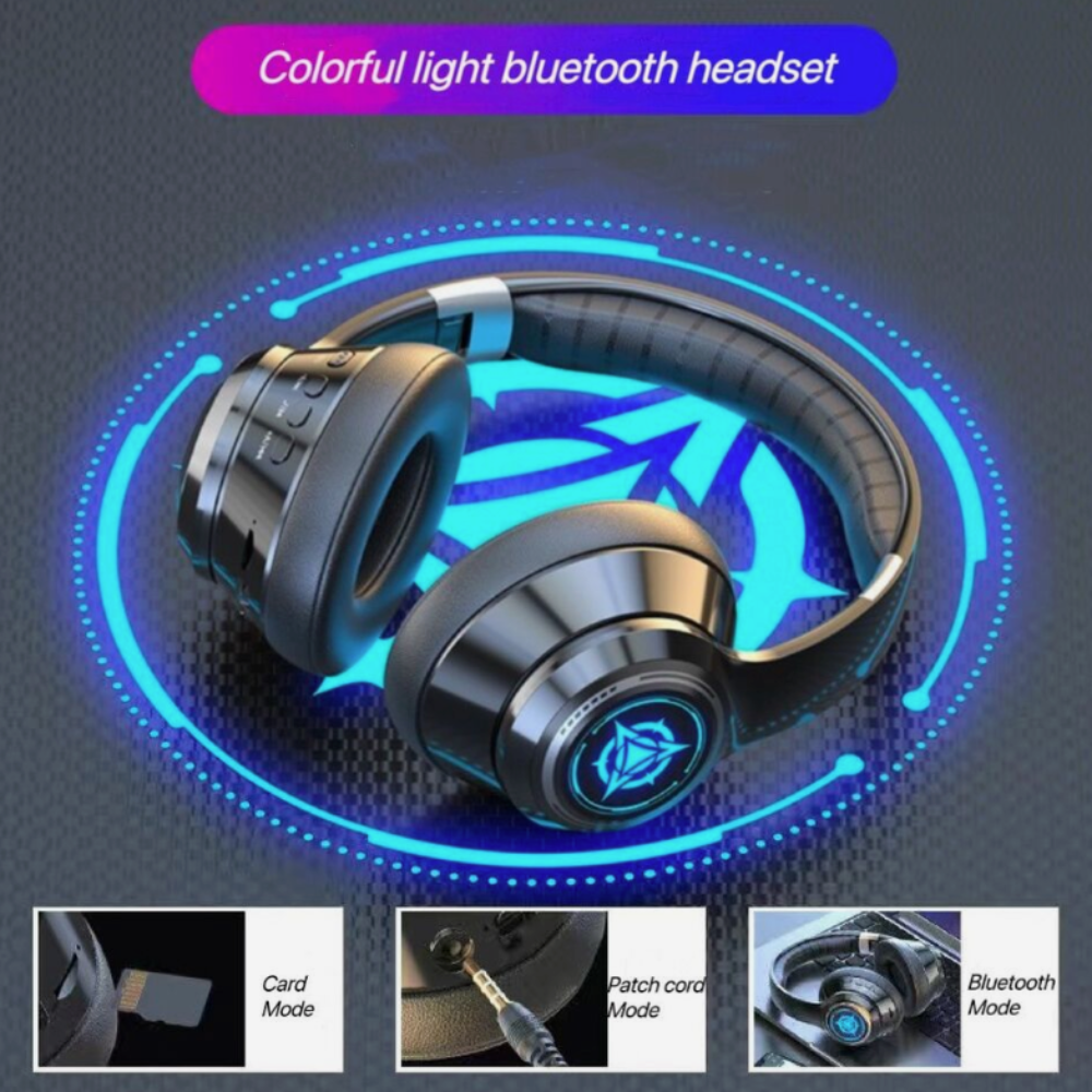 Colorful light Bluetooth headset with glowing effects on a dark background