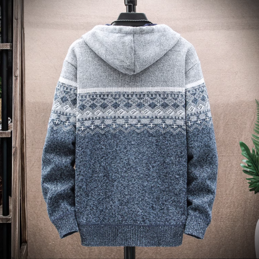 Mens winter hooded knit jacket with zip-up closure and patterned design